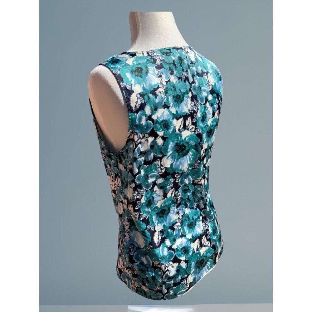Ann Taylor Loft petite turquoise sleeveless cowl neck floral spandex blouse PS - Picture 7 of 10